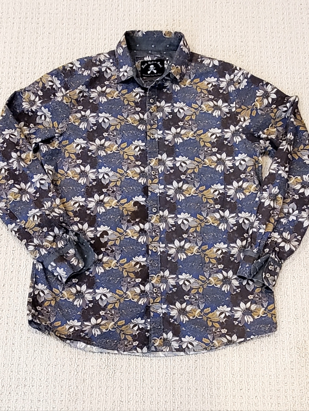 Rock Roll n Soul Grey Floral/Skull Contrast Pattern Button Down Cotton Shirt Lg